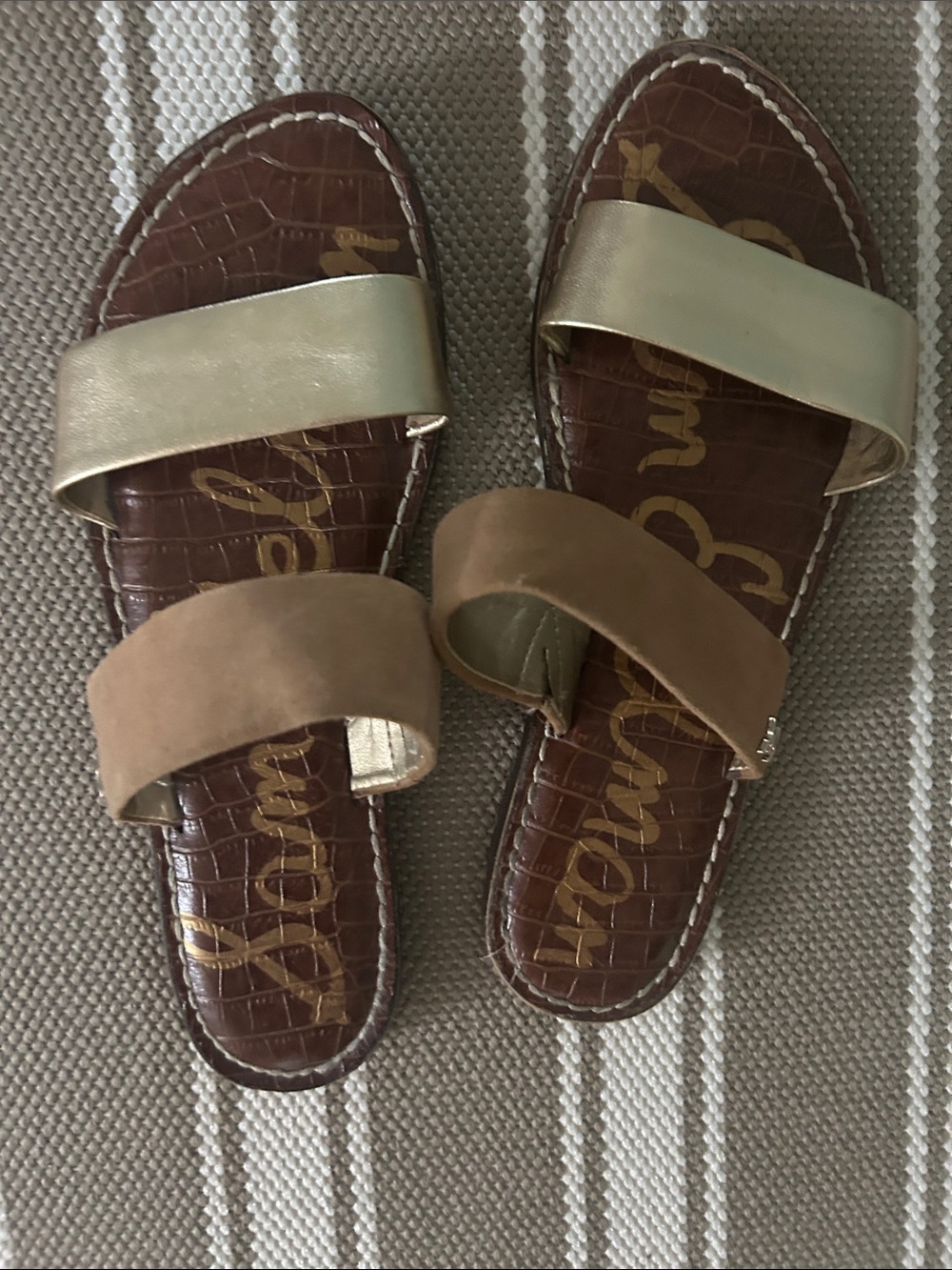Sam Edelman Two-Band Slide Sandals in Gold and Brown Suede